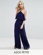 Asos Petite Jumpsuit In Crinkle With Wide Leg And Halter Neck - Navy