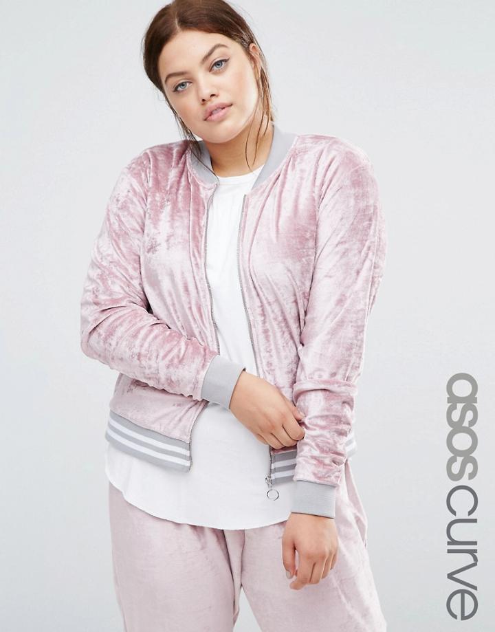 Asos Curve Velvet Tracksuit Bomber Jacket With Tipping Co-ord - Pink