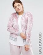 Asos Curve Velvet Tracksuit Bomber Jacket With Tipping Co-ord - Pink