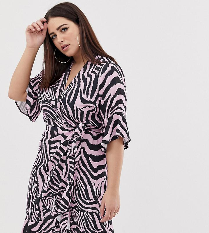John Zack Plus Wrap Midi Tea Dress In Zebra Print - Multi