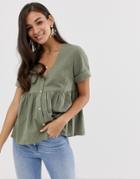 Asos Design Button Through Smock Top In Seersucker Sun Top - Green