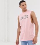 Asos Design Tall Sleeveless T-shirt With Dropped Armhole And Text Print-pink