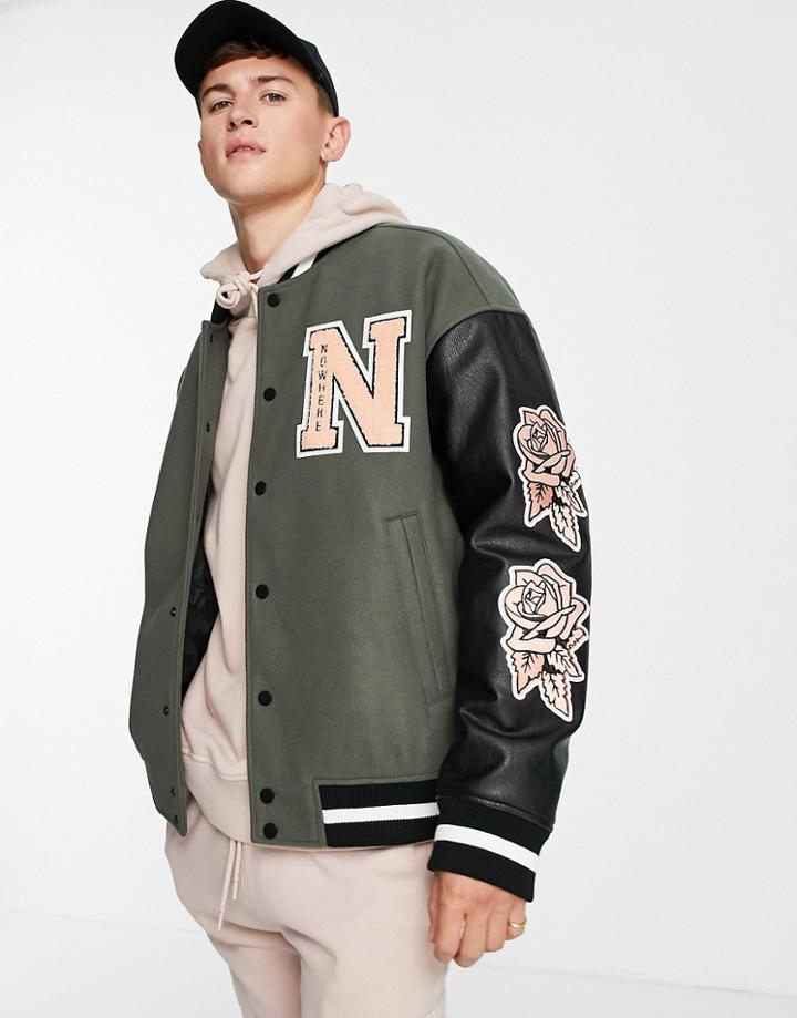 Topman Varsity Jacket In Color Block With Collegiate Embroidery-green