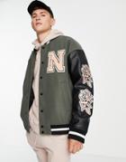 Topman Varsity Jacket In Color Block With Collegiate Embroidery-green