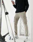 Asos Design Slim Corduroy Pants With Cargo Pockets In Beige-neutral