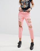 Prettylittlething Pink Distressed Mom Jeans - Pink