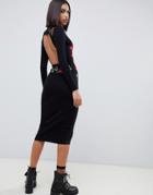 Asos Design Embroidered Rib Midi Bodycon Dress With Open Back - Black