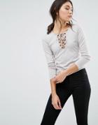 Daisy Street Rib Top With Lace Up Front - Gray