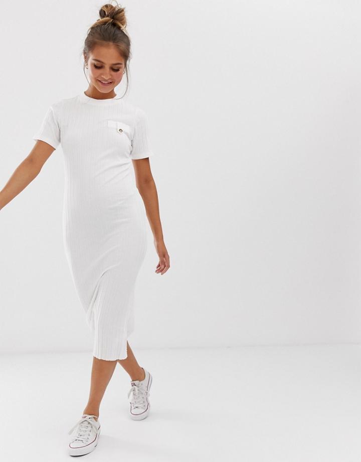 Asos Design Midi Chunky Rib Bodycon With Pocket Detail-white