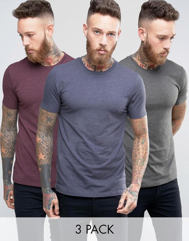 Asos 3 Pack Muscle T-shirt In Navy Marl/oxblood Marl/charcoal Marl - M