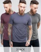 Asos 3 Pack Muscle T-shirt In Navy Marl/oxblood Marl/charcoal Marl - M