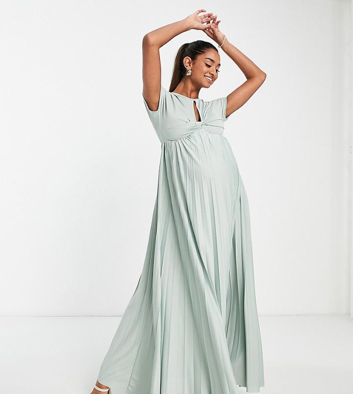 Asos Design Maternity Recycled Polyester Flutter Sleeve Keyhole Pleated Maxi Dress In Sage-green