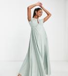 Asos Design Maternity Recycled Polyester Flutter Sleeve Keyhole Pleated Maxi Dress In Sage-green