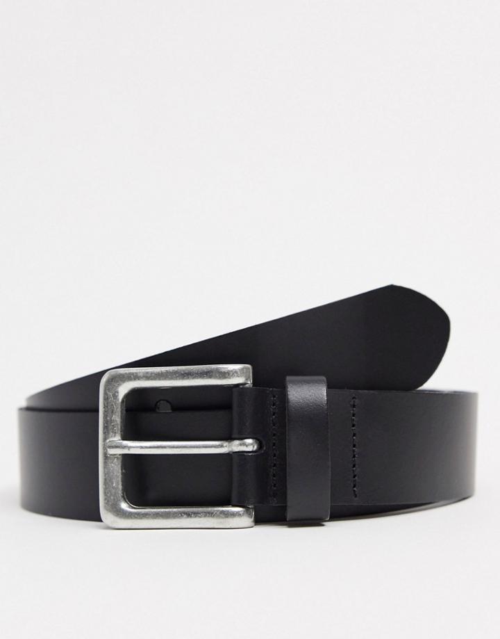 Asos Design Leather Wide Belt In Black With Burnished Silver Buckle