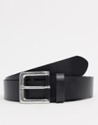 Asos Design Leather Wide Belt In Black With Burnished Silver Buckle