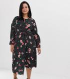 Influence Plus Knot Front Asymmetric Wrap Dress In Floral And Polka Dot Print - Black