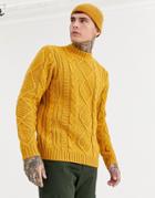 Asos Design Heavyweight Cable Knit Turtleneck Sweater In Mustard-yellow