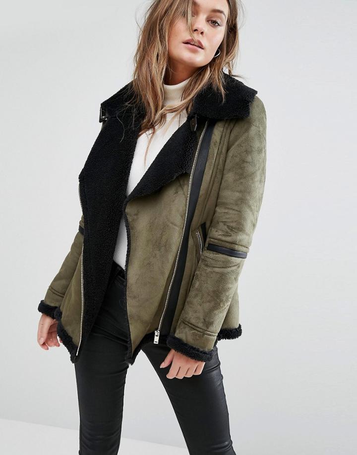 New Look Faux Fleece Lined Aviator Jacket - Green