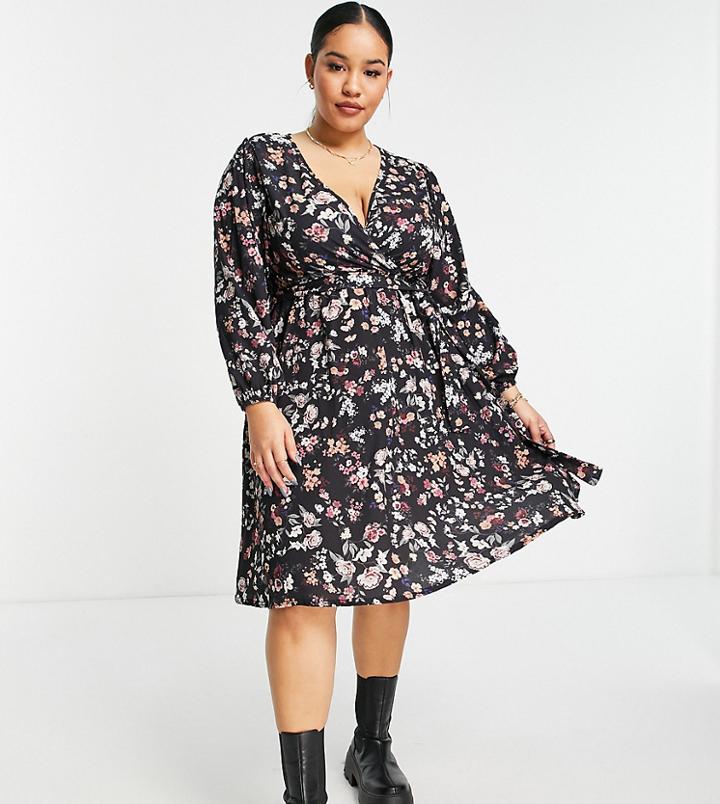 Yours Wrap Midi Dress In Black Floral Print