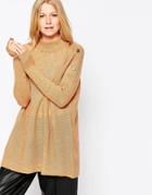 B.young Long Lined Sweater With Button Detail - Caramel