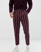 Asos Design Smart Tapered Pants In Burgundy With Pin Stripe