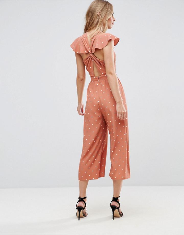 Asos Jumpsuit With Twist Back And Frill Detail In Polka Dot - Multi