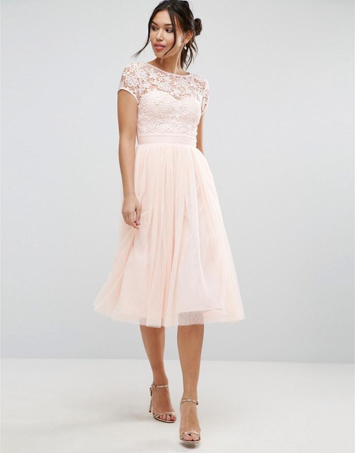 Little Mistress Short Sleeve Lace Bodice Midi Dress With Tulle Skirt -