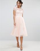 Little Mistress Short Sleeve Lace Bodice Midi Dress With Tulle Skirt -