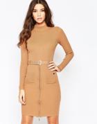 Michelle Keegan Loves Lipsy Knitted Dress With Zip And Belt Detail - Camel