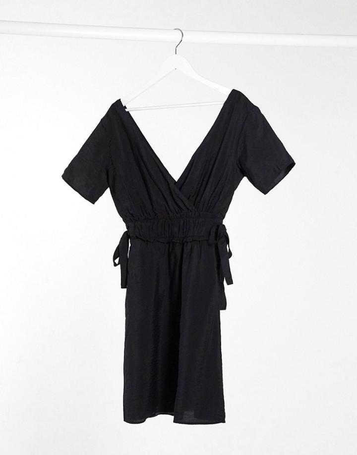 Object Linen Mini Dress With Tie Sides In Black-multi