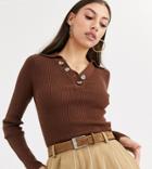 Fashion Union Tall Knitted Button Front Polo Top-brown