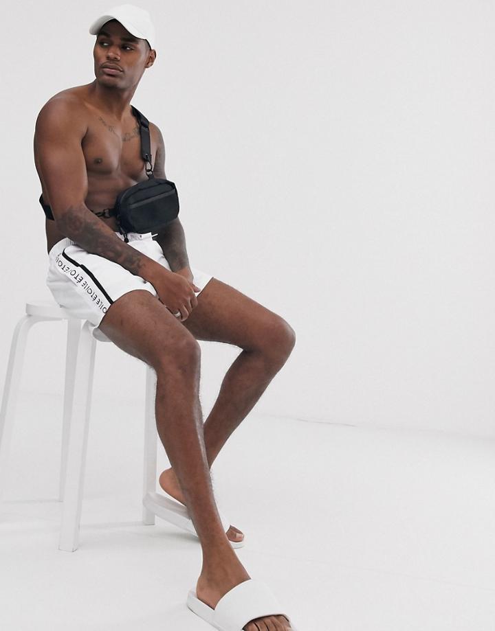 Asos Design Swim Shorts With Printed Side Panel In Short Length-white