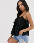 Asos Design Lattice Front Cami In Casual Fabric Sun Top-black