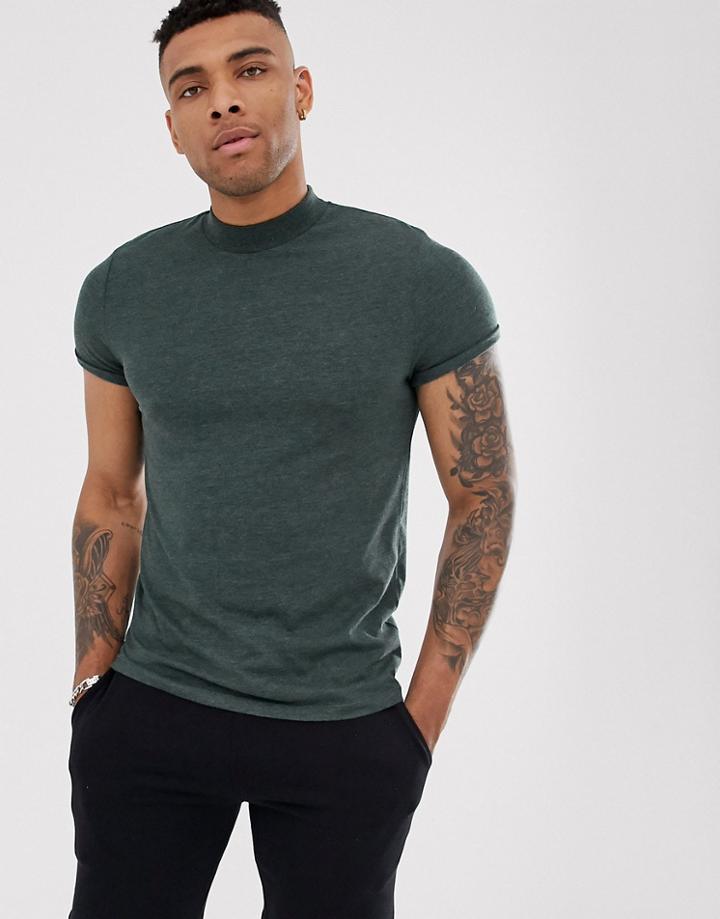 Asos Design T-shirt With Roll Sleeve & Turtleneck In Green Marl - Green