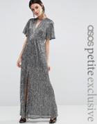 Asos Petite Metallic Maxi Dress With Cut Out Neck & Thigh Split - Silv