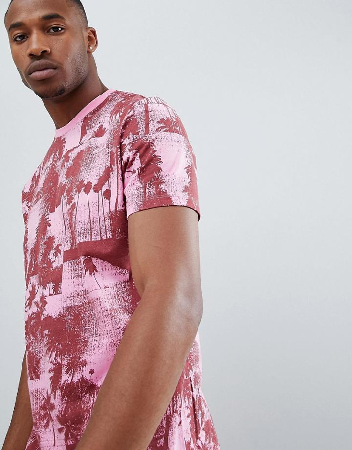 Asos Relaxed T-shirt With All Over Palm Print-pink