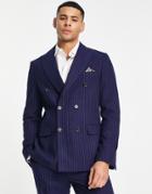 Harry Brown Pinstripe Slim Fit Double Breasted Suit Jacket-navy