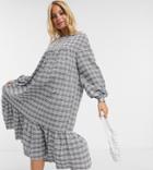 Asos Design Petite Plaid Midi Smock Dress With Peplum Hem-multi