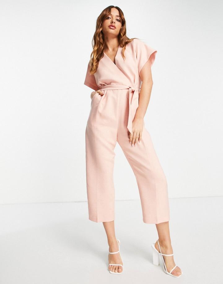 Closet London Tie Waist Kimono Jumpsuit In Blush-pink