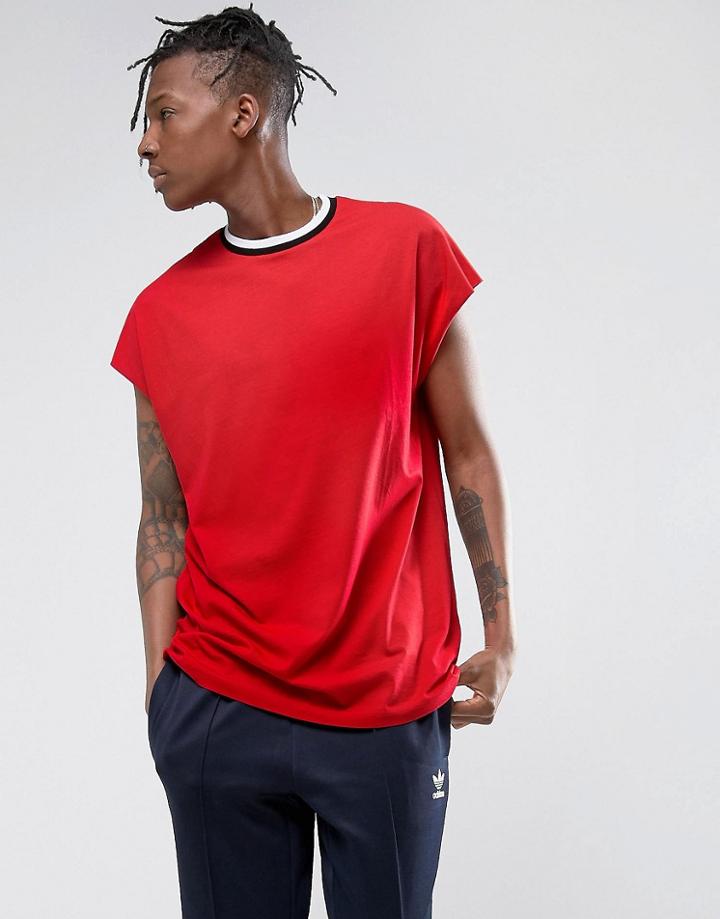Asos Oversized Sleeveless T-shirt With Contrast Ringer In Red - Red