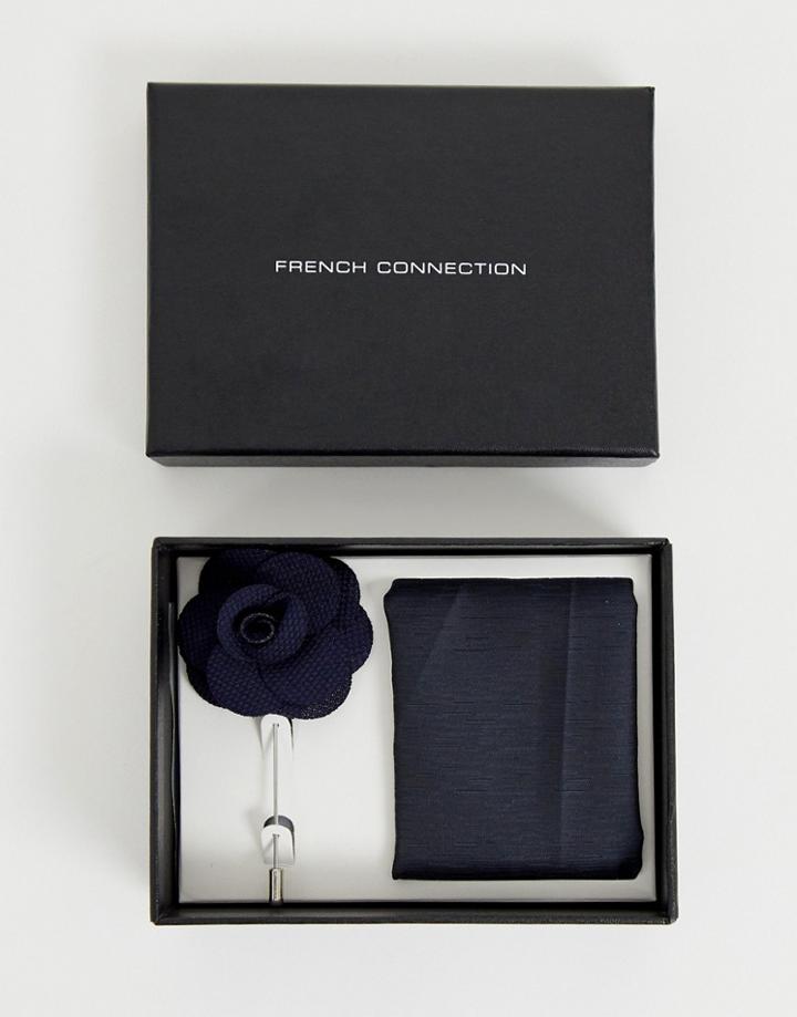 French Connection Plain Pocket Square & Lapel Pin Set-navy