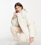 Asos Design Curve Leather Look Belted Puffer Jacket In Cream-white