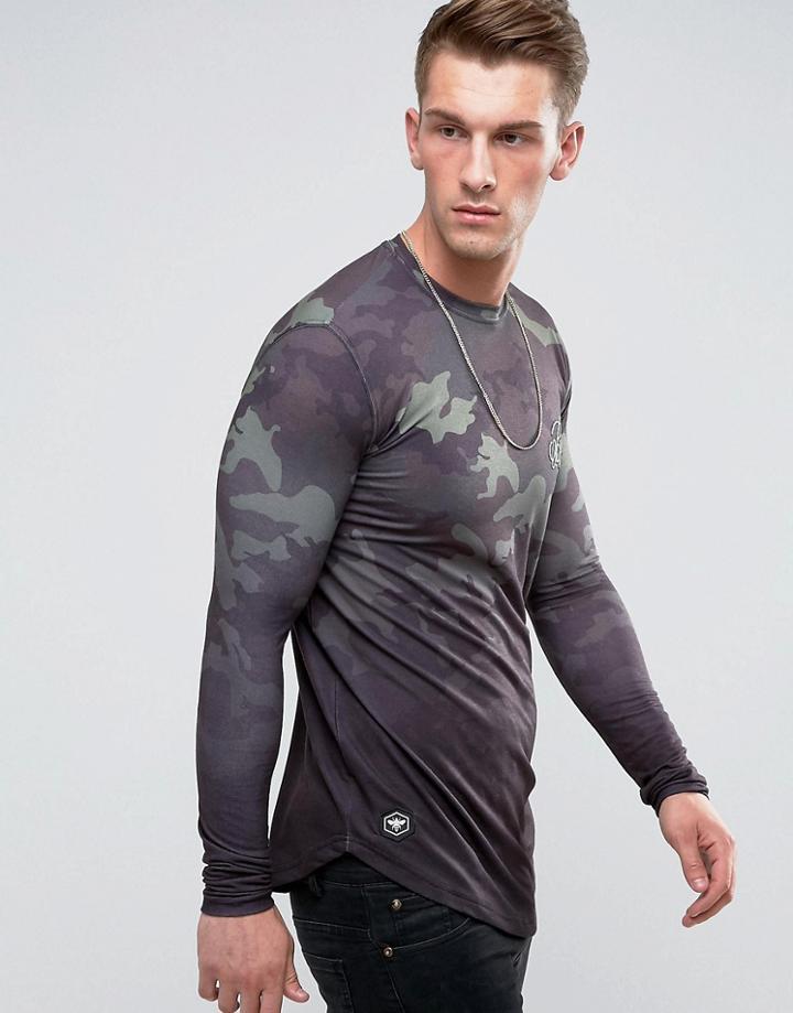 Bee Inspired Muscle Fit Long Sleeve T-shirt In Camo Fade - Black