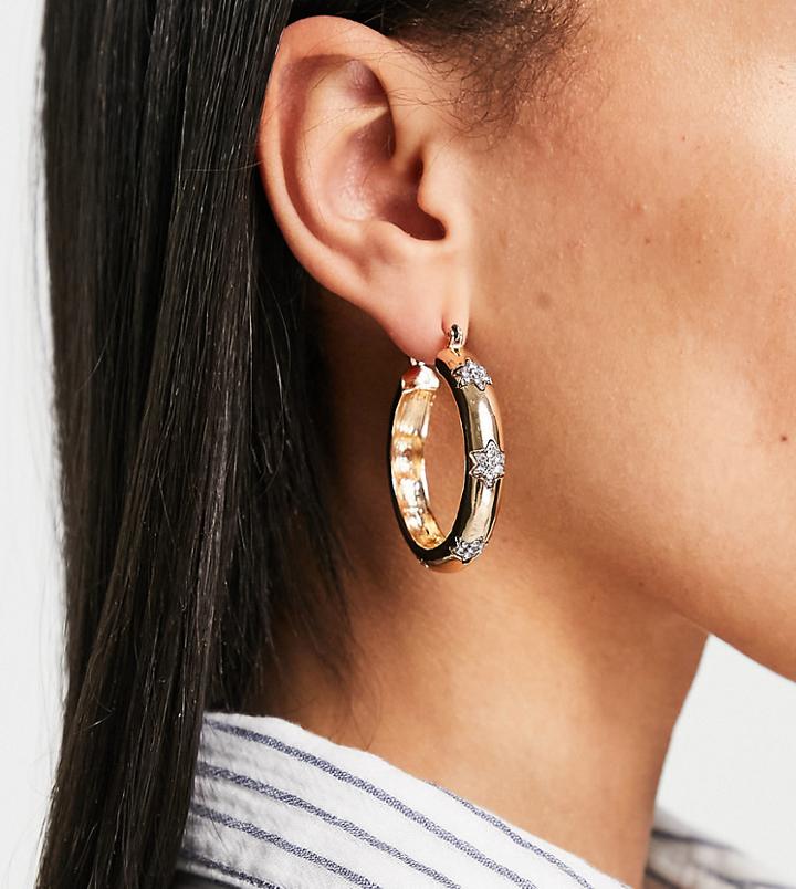 Reclaimed Vintage Inspired Chunky Hoop Earrings With Crystal Stars In Gold