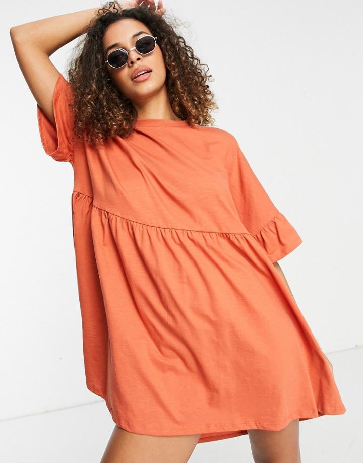 Asos Design Super Oversized Ruffle Sleeve Smock Dress In Butterscotch-orange
