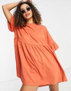 Asos Design Super Oversized Ruffle Sleeve Smock Dress In Butterscotch-orange
