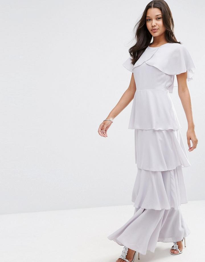 Asos Cape Layered Ruffle Front Maxi Dress - Soft Gray