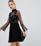 Asos Petite Fluted Sleeve Embellished Dobby Skater Dress - Black