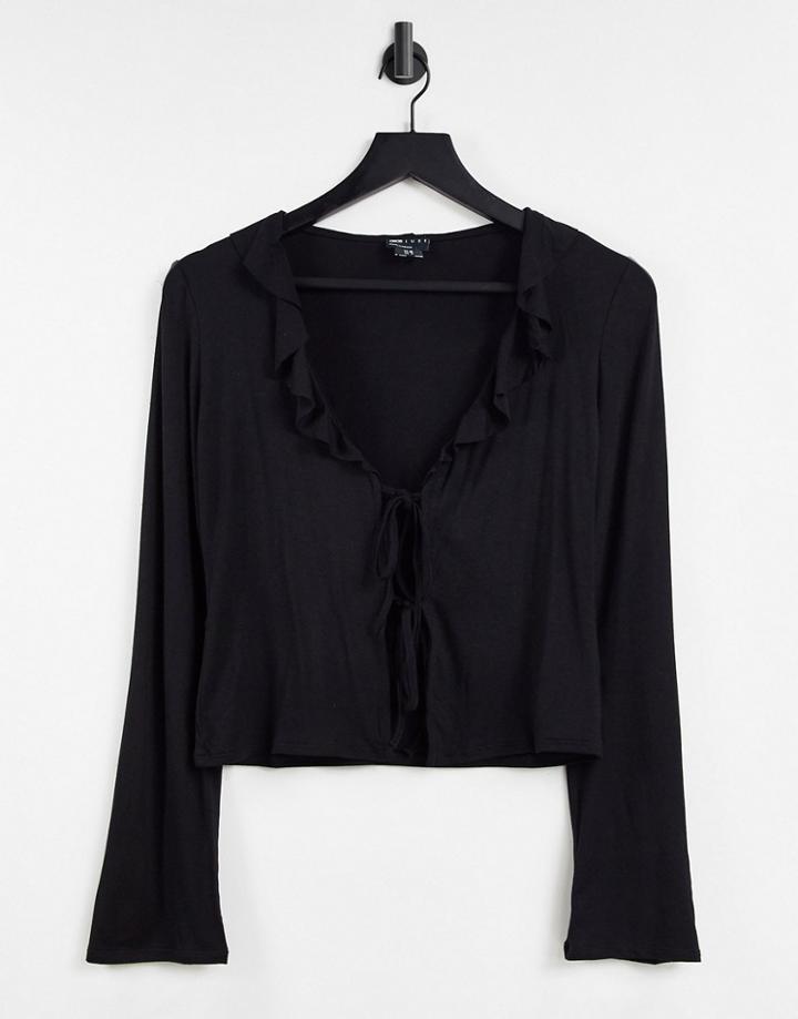Asos Design Long Sleeve Tie Front Ruffle Top In Black