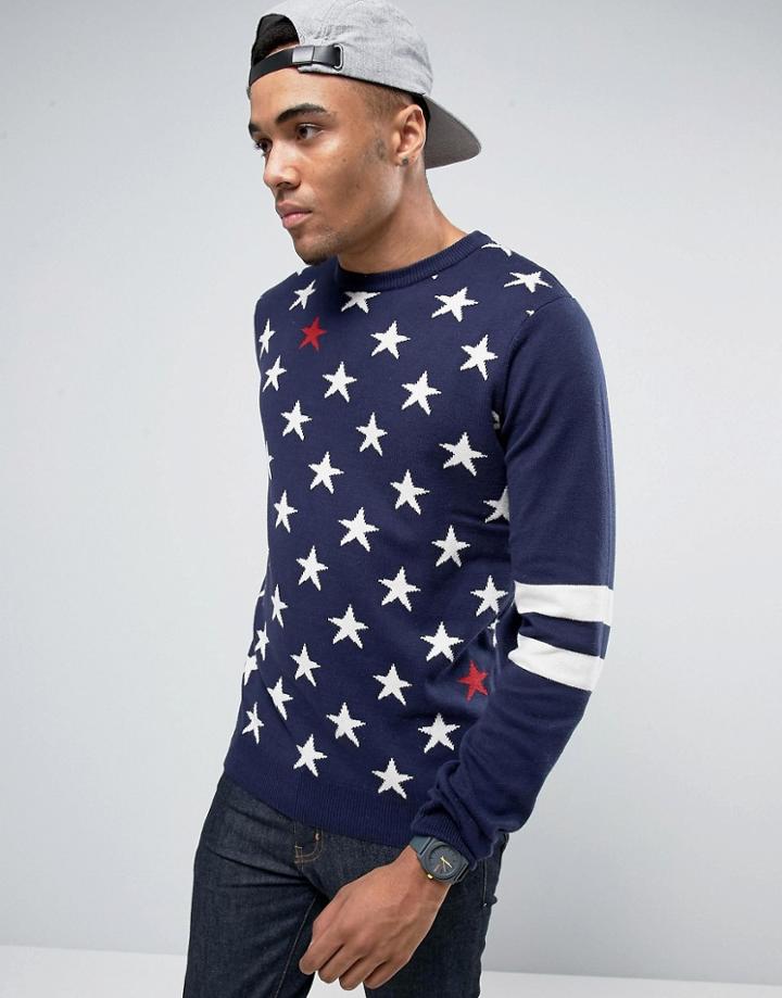 Bellfield Starts And Stripes Knitted Sweater - Navy